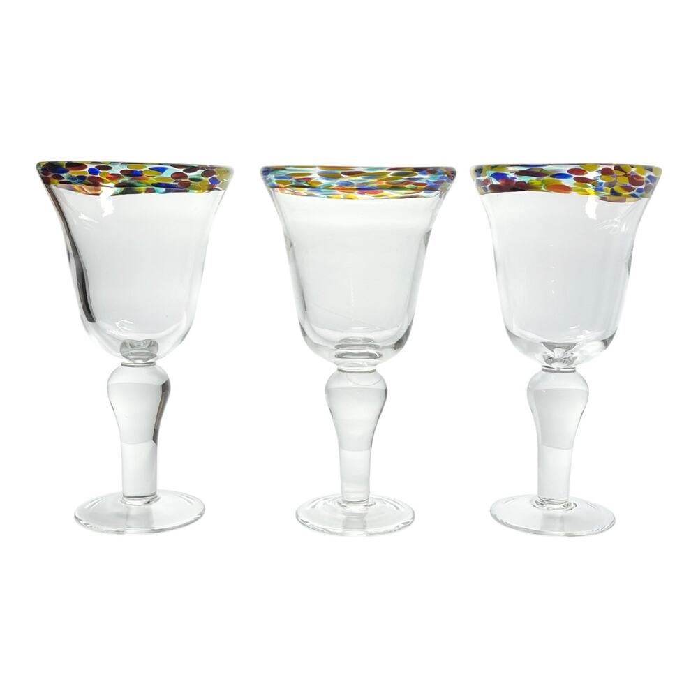Set of 3 Mexican Handblown Colorful Confetti Rim Water or Wine Glasses 8.5” 16oz